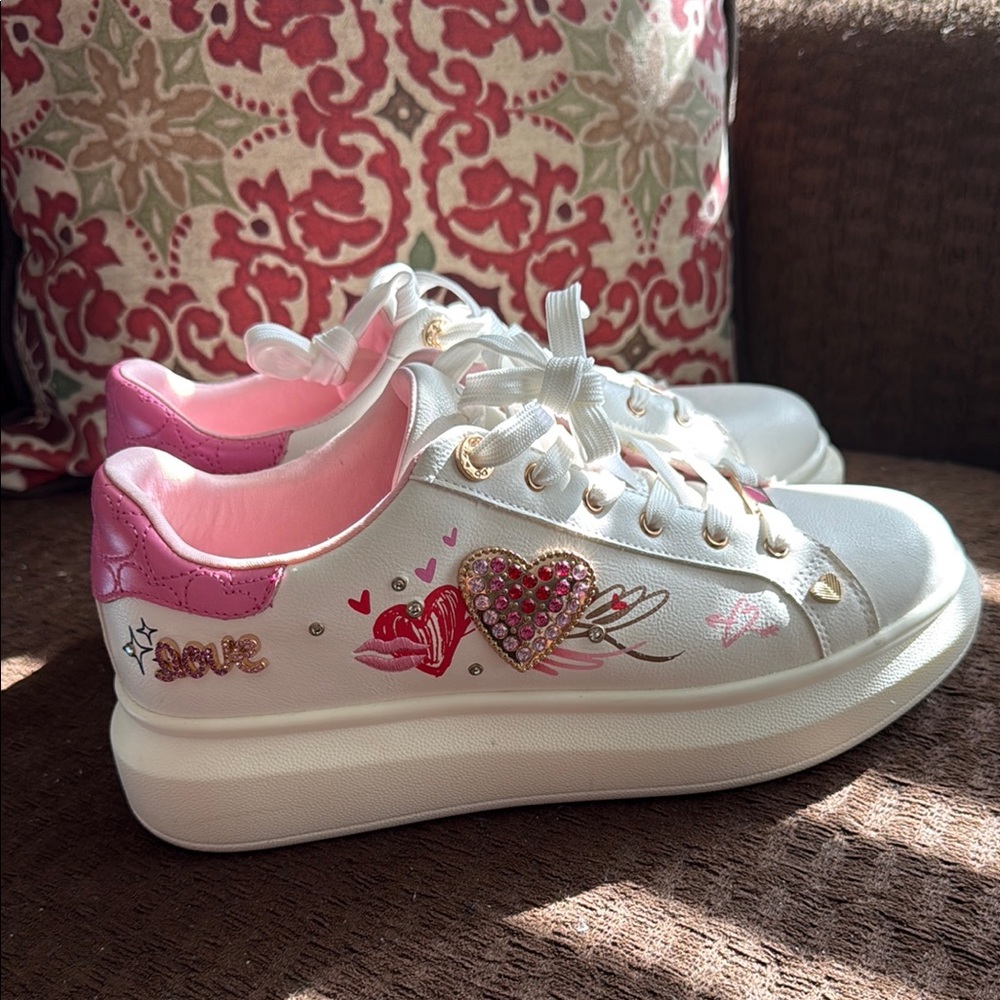 Aldo White and Pink Heart Embellished Sneakers